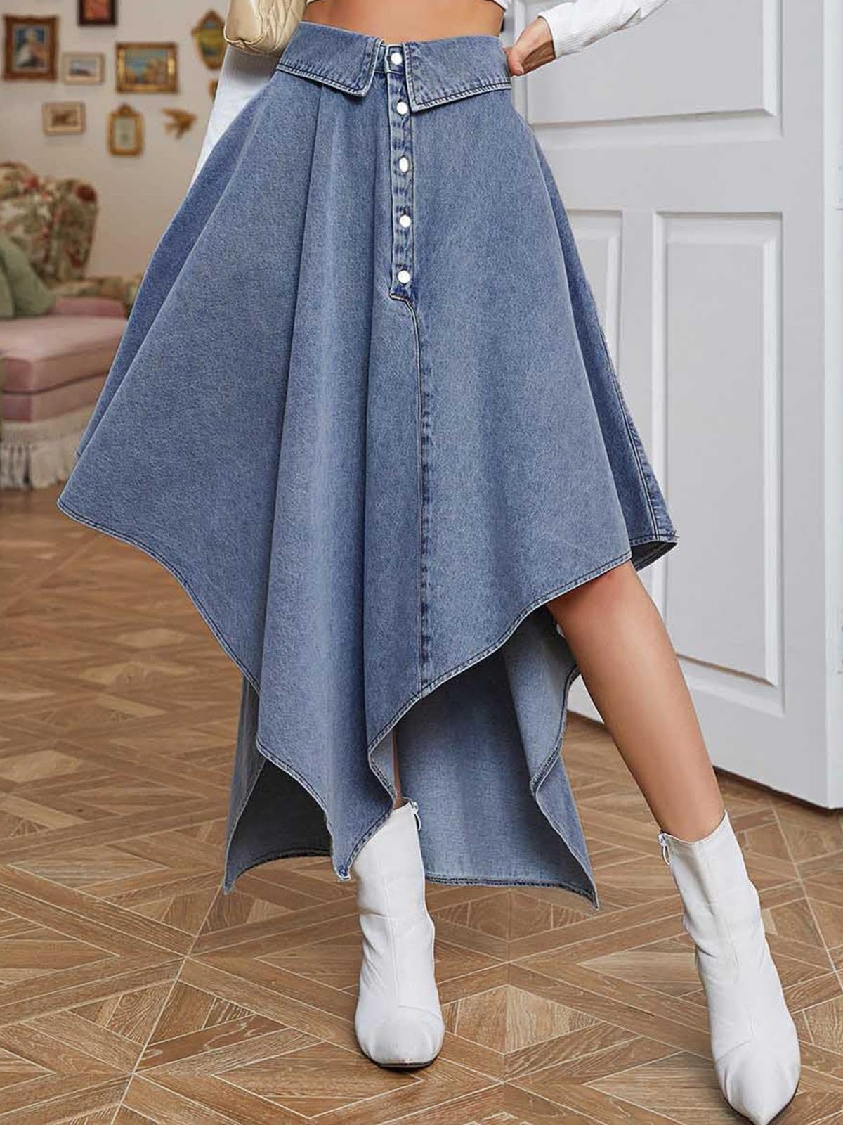 Gonna In Denim A Vita Alta Da Donna,Gonna Midi Casual,Orlo Asimmetrico