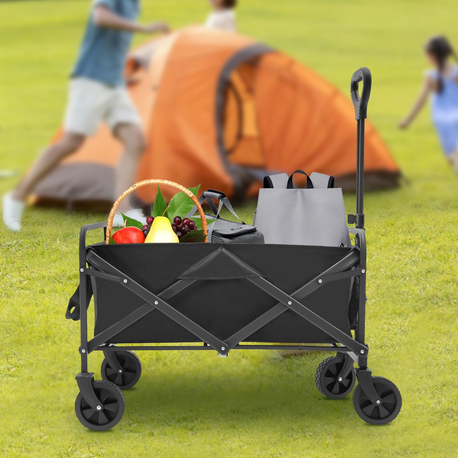 Składany wózek transportowy 5 cali, czarny, gumowe koła z regulowanym uchwytem i 2 uchwytami na napoje, kompaktowy wózek ogrodowy, składany wózek transportowy na plażę, kemping, zakupy, plażę