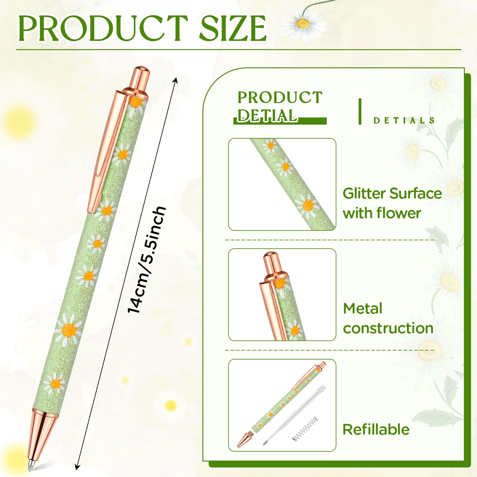 1 Piece Sparkly Floral Pens Gift Set,Floral Pen,Bling Metal Floral Pen,Shiny Daisy Ballpoint Pen,Smooth Writing,Black Ink Retractable Ballpoint Pens,Pretty Flora Pens for Women (Candy Green) - Image 2