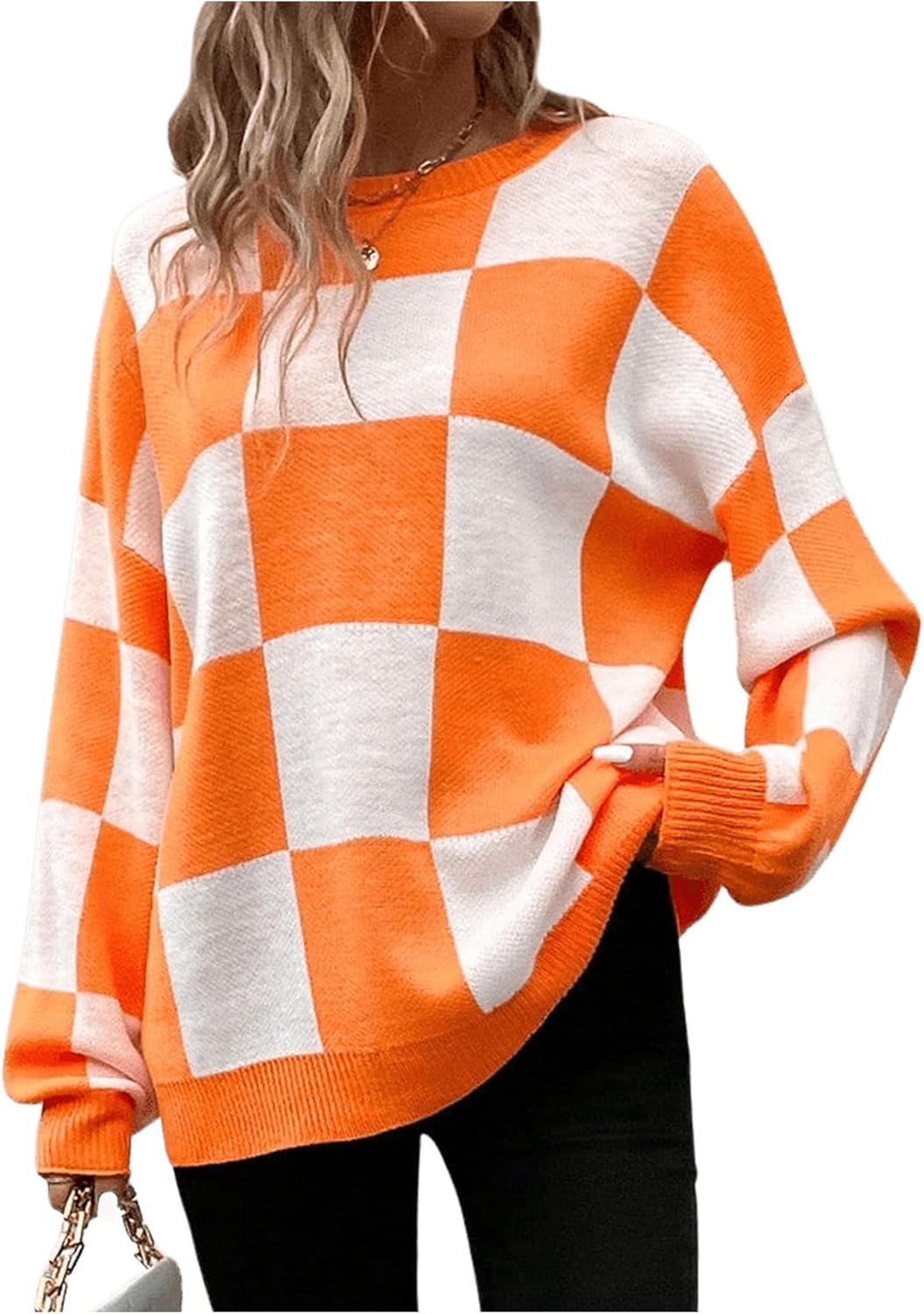 SHENHE Women's Checkered Color Block Oversized Sweater Plaid Crew Neck Drop Shoulder Pullovers
