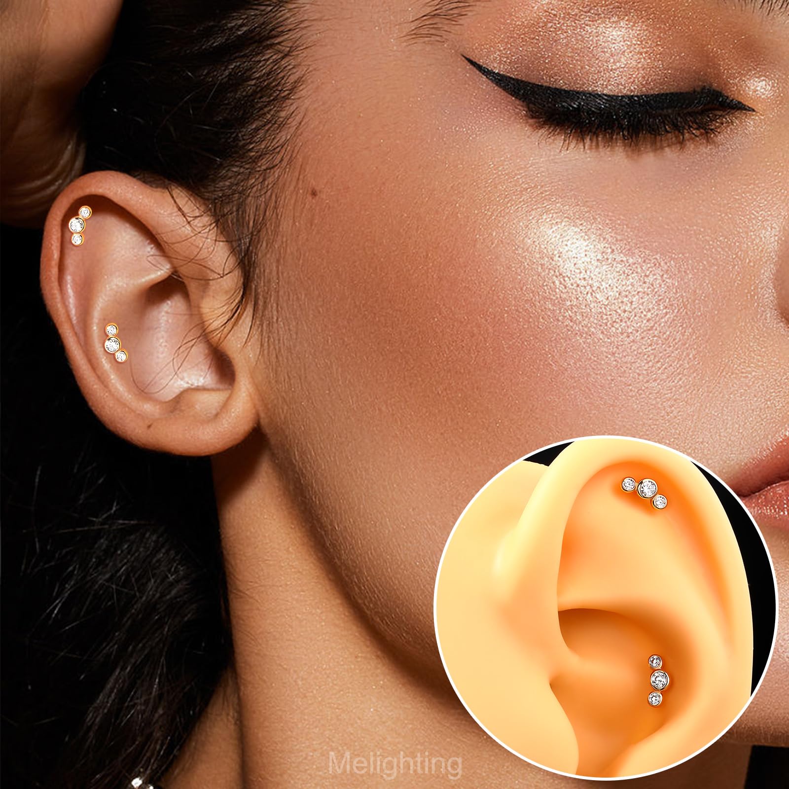 Melighting Pendientes de hélice de oro macizo de 14 quilates curvados para cartílago con rosca interna, aretes de tuerca plana de 16 g, circonita cúbica para tragus, joyería