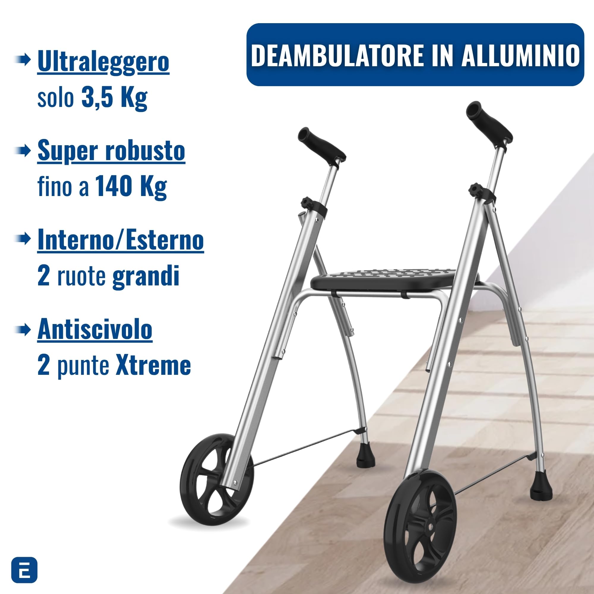 INDESmed | Deambulatore pieghevole con seduta in alluminio per anziani, persone con mobilità ridotta o riabilitazione. Vestibilità precisa, impugnatura antiscivolo e anti-tendinite, 2 ruote (Arancia)