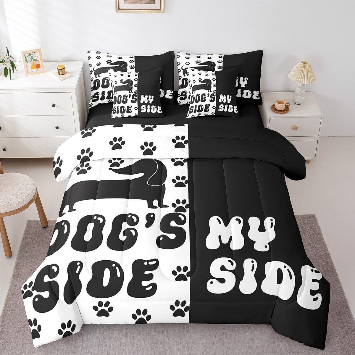 7 Pieces Full Size Cute Dog Paws Print Comforter Set,Cartoon Dachshund Puppy Animal Pet Bedding Set for Boys Girls,Dog Side My Side (Comforter+Fitted+Flat Sheet+2 Pillowcases+2 Throw Pillow Covers)