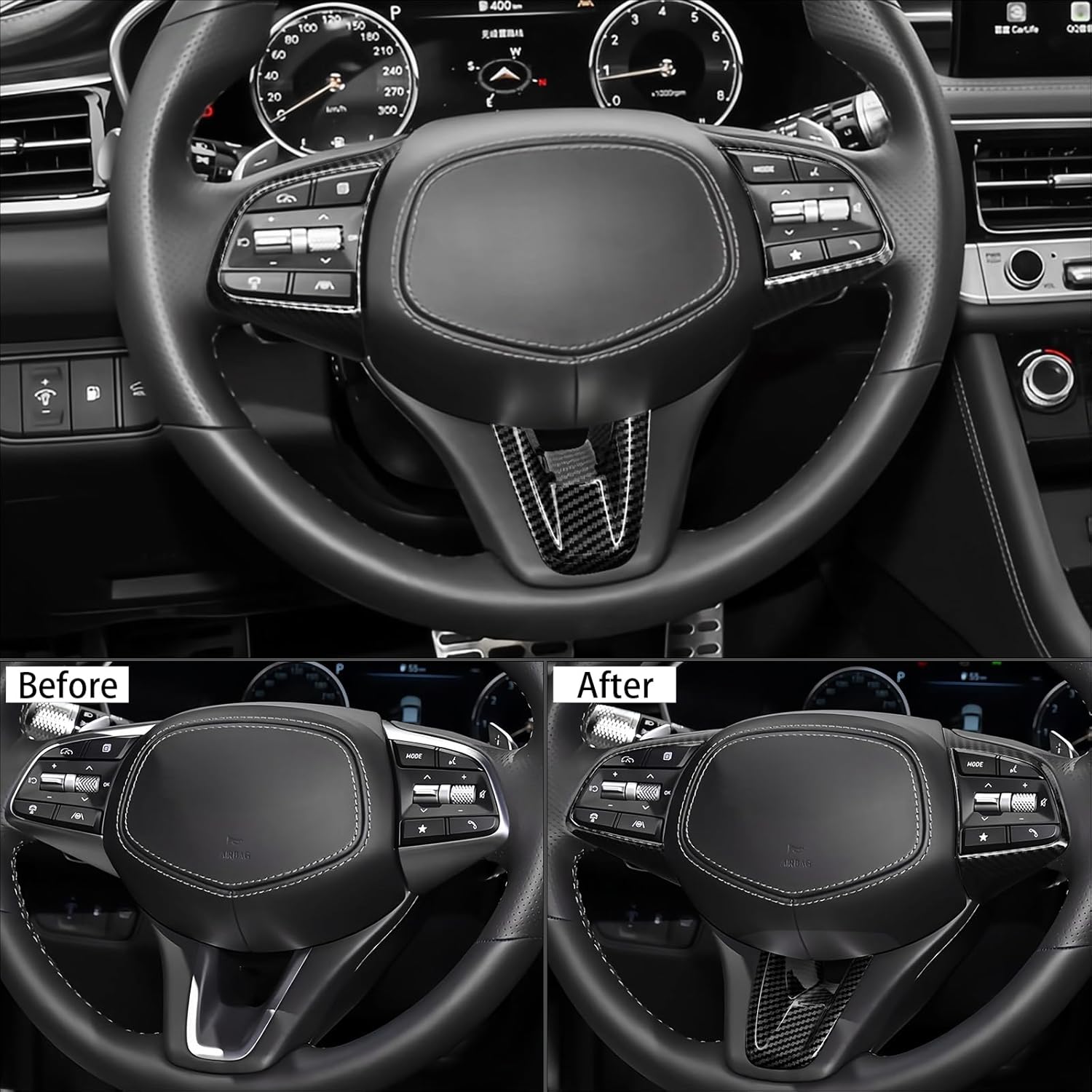 Car Steering Wheel Lower Trim Cover Auto Steering Wheel Protector Cover Compatible with Genesis G70 2019-2026 G80 DH 2017-2020 Accessories (Carbon Fiber Black Style)