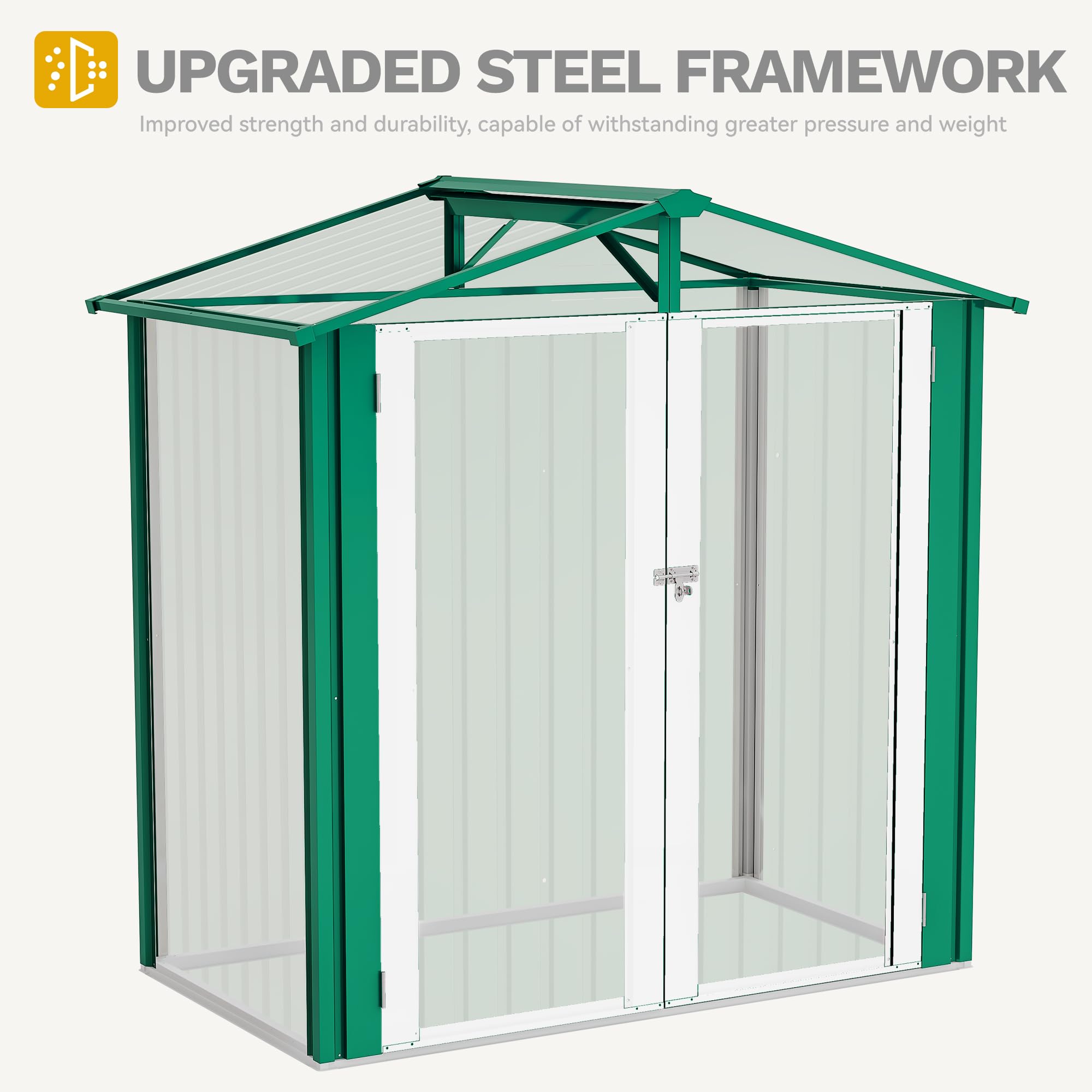 YITAHOME Metall Geräteschuppen Gerätehaus Gartenhaus Gartenhütte,Gruen | 171x87x184cm|6x4 klein|Rasenmäher Gartenschuppen|Satteldach|Abschließbar|4 Lüftungsöffnungen|Gartenhaus mit Tür|Wetterfest