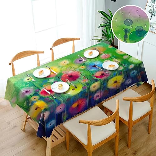 Miniatura 3 de Swono Mantel rectangular con diseño floral abstracto de flores rojas y amarillas, césped, campo, picnic, barbacoa, poliéster para cocina, café, 50 x