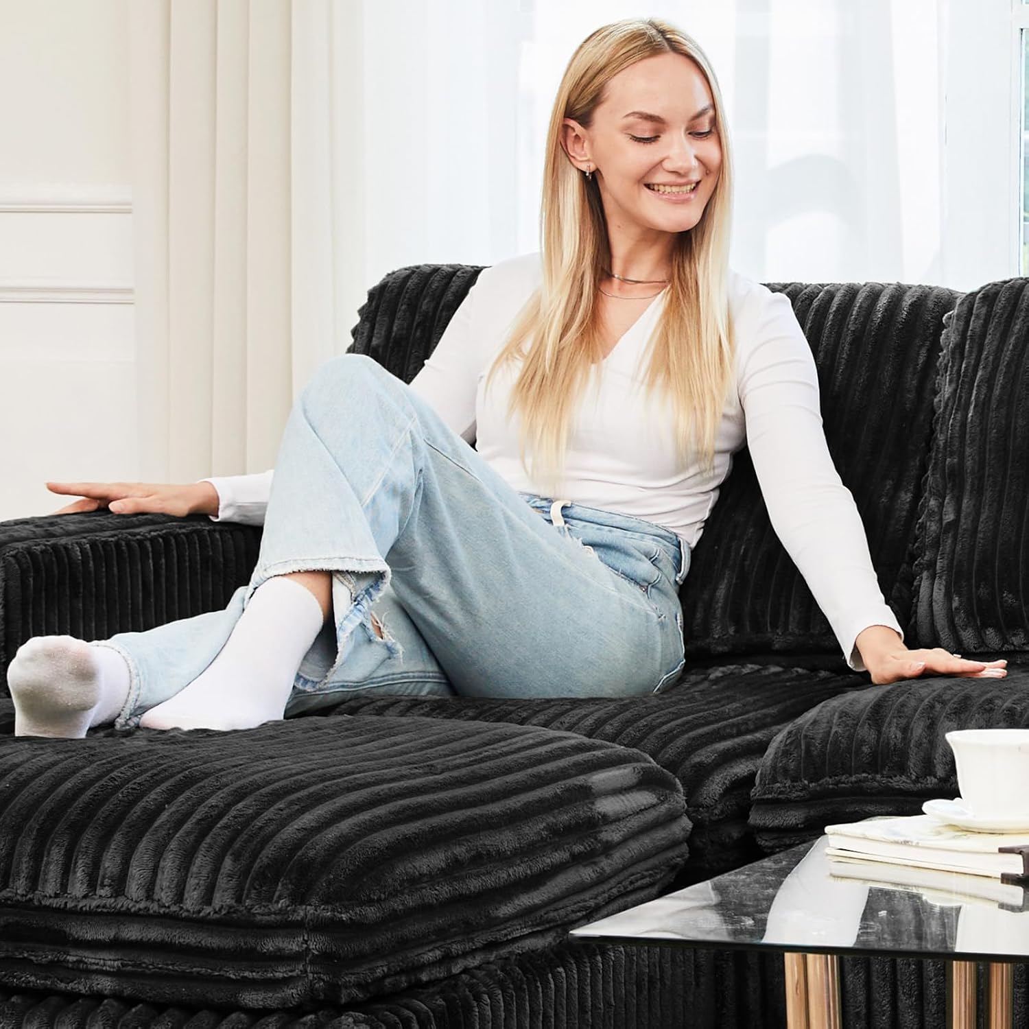 Belffin Modular Sectional Sofa with Storage Seat, Oversized Cloud Couch Sectional with Extra Deep Seat, Comfy 3 Seater Sectional Couches for Living Room, Plush Corduroy Black