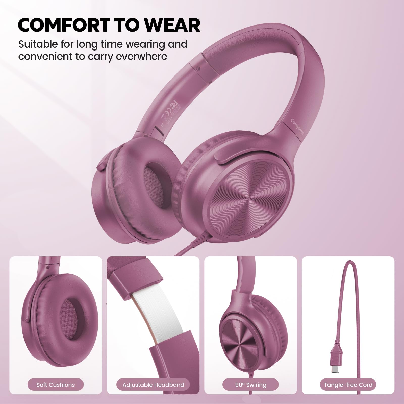 Cowyawn Voilet - Cuffie USB C cablate con microfono, controllo del volume, suono stereo HD, cuffie USB tipo C pieghevoli per adulti/ragazzi/laptop/computer/iPhone 15/16/17, Voilet