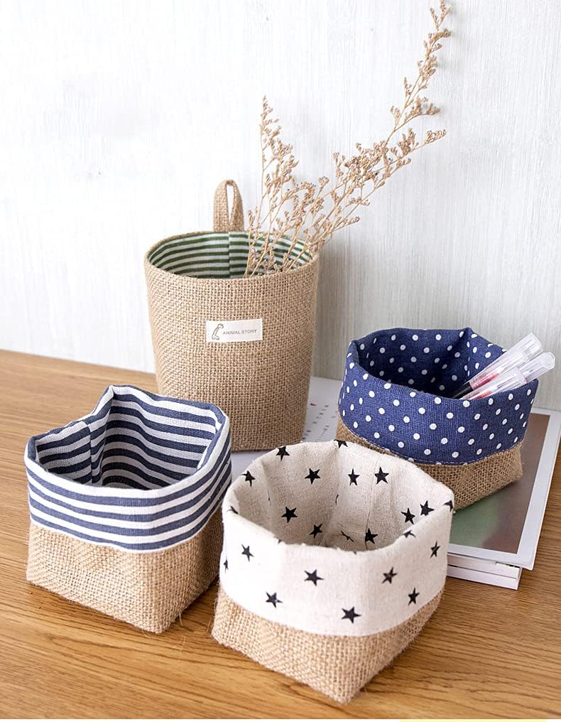 perfsign 4 Pack Hanging Basket for Door,Small Wall Basket Decor,Jute Hanging Wall Storage,Wall Baskets for Plants,Boho Camper Decor Storage for Key, Sunglasses, Wallet on Door,with Mounting Hook