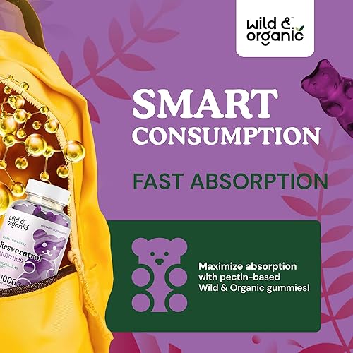 Miniatura 4 de Wild & Organic Gomitas de resveratrol de 1000 mg – Suplemento de resveratrol para antioxidante, cerebro, apoyo inmunológico – 60 gomitas veganas