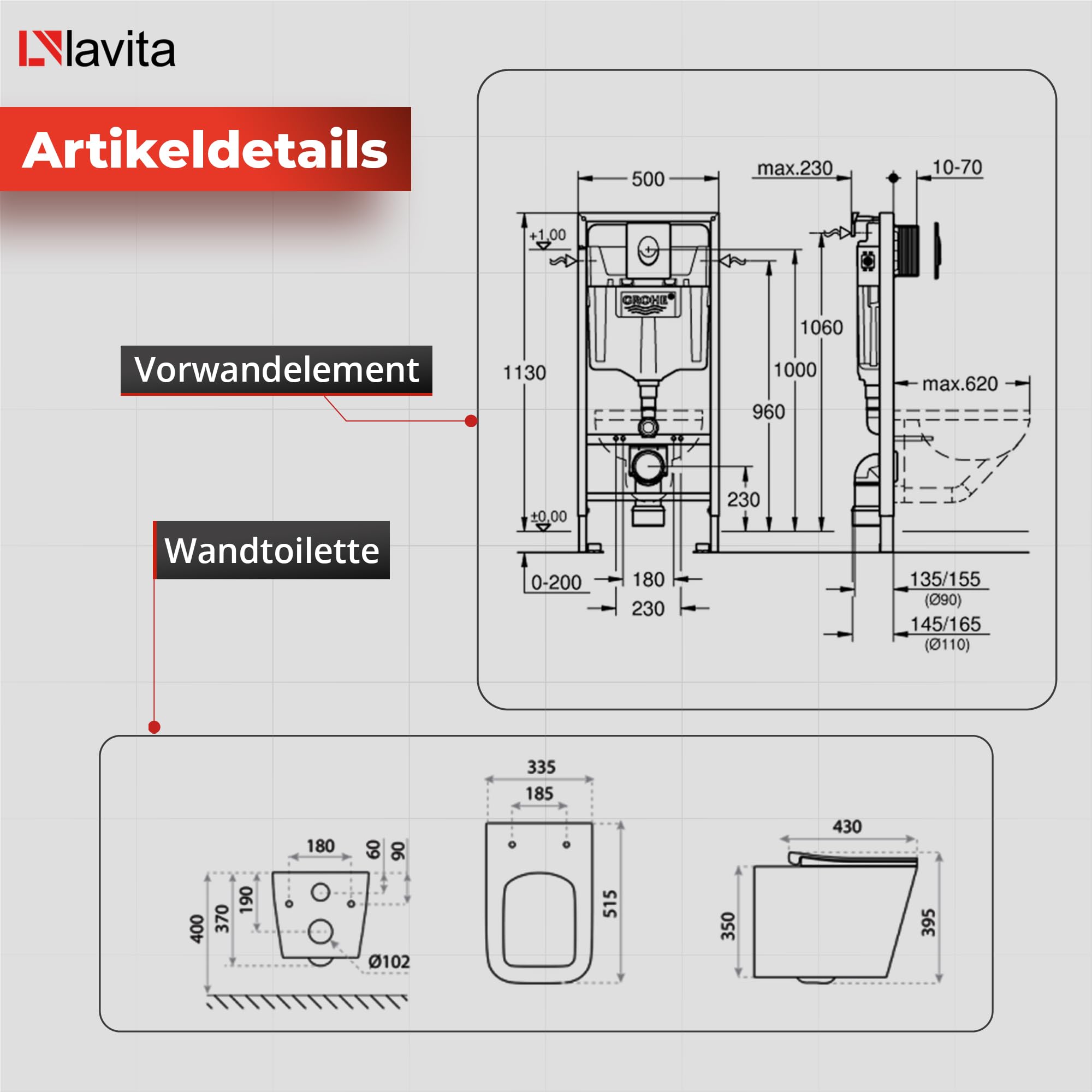 Lavita Vorwandelement Solido Start + Wand Hänge WC Maio Weiß Spülrandlos + WC Sitz mit Absenkautomatik Verchromter Knopf Komplettset Unterputz Spülkasten Toilette Komplett Sett WC
