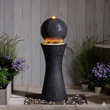 41.73" Tall Sphere Outdoor Water Fountain with LED Light | Modern Black Polyresin Sphere Floor Fountain Outdoor Water Feature with Curved Pedestal for Garden, Patio, Yard, Porch