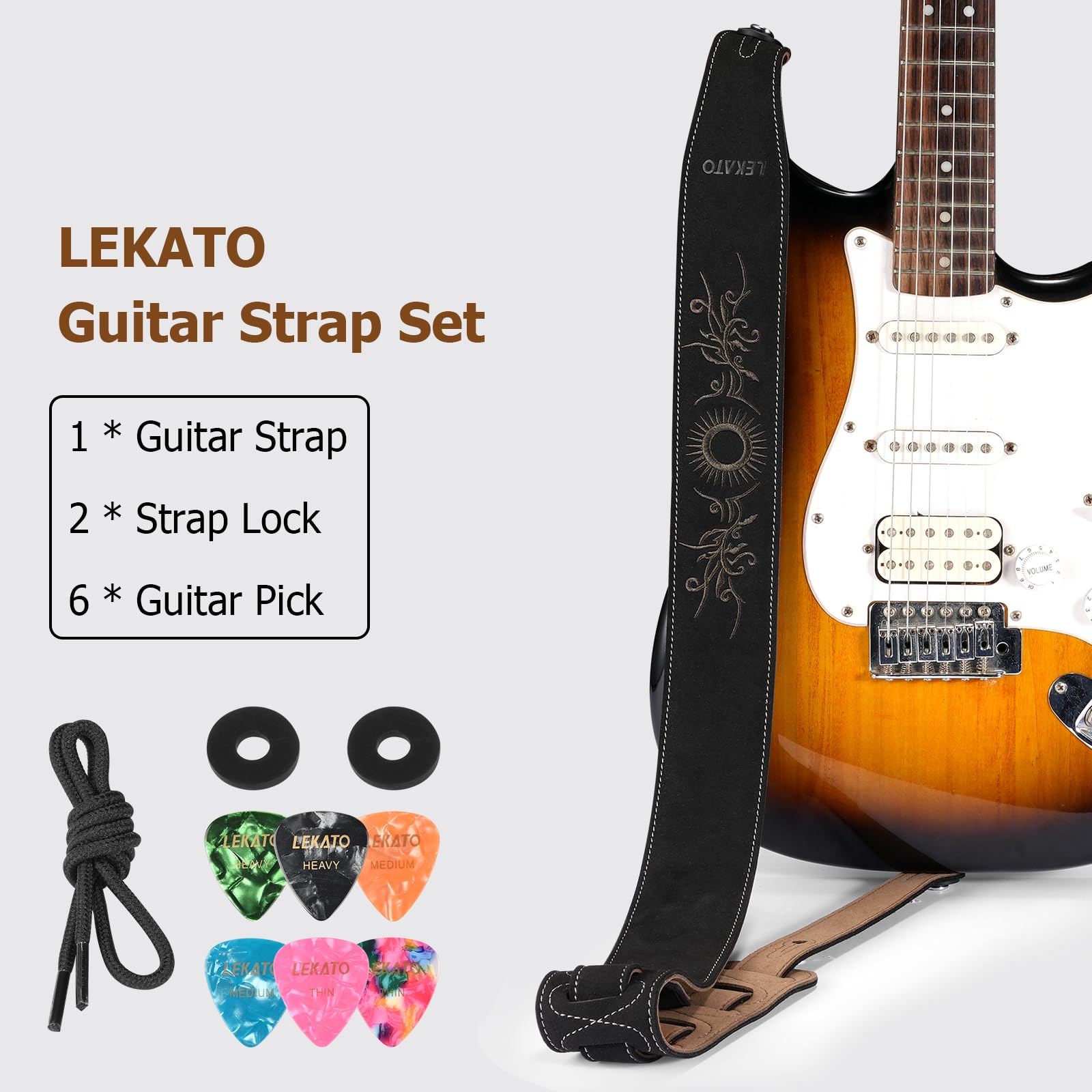 LEKATO Sangle Guitare en Daim pour Basse Guitare, 2.4 Pouces de Large Ceinture de Guitare Rembourrée, 35" à 51" Régelable pour Guitares Acoustiques Electriques Basses, Cadeau pour Hommes Femmes