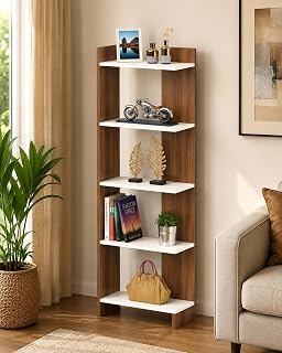 FURNEASER Riz Engineering Wood Multipurpose Floor Corner Stand Bookshelf with Home Decor Display Shelves Wall Book Storage... Price In India