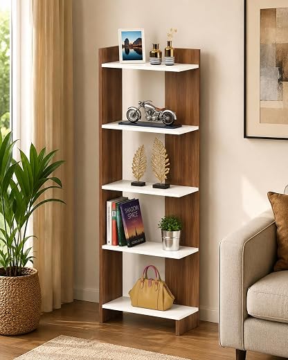 FURNEASER Riz Engineering Wood Multipurpose Floor Corner Stand Bookshelf with Home Decor Display Shelves Wall Book Storage...