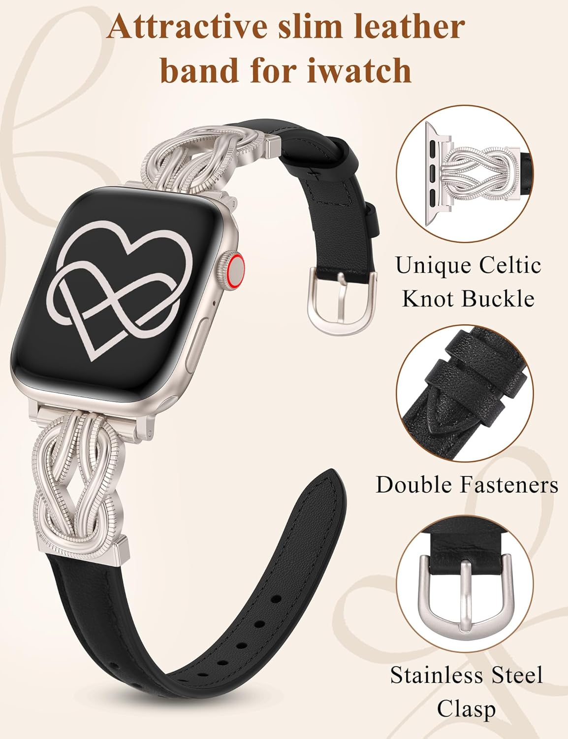 Wearlizer Leather Band Compatible with Apple Watch Bands for Women 40/38/41/44/42/45/46/49mm Fancy Dressy Slim Bracelet with Design Interlock Buckle for iWatch Series 11 10 9 8 7 6 5 4 Ultra/SE 3 2 1 - Image 3