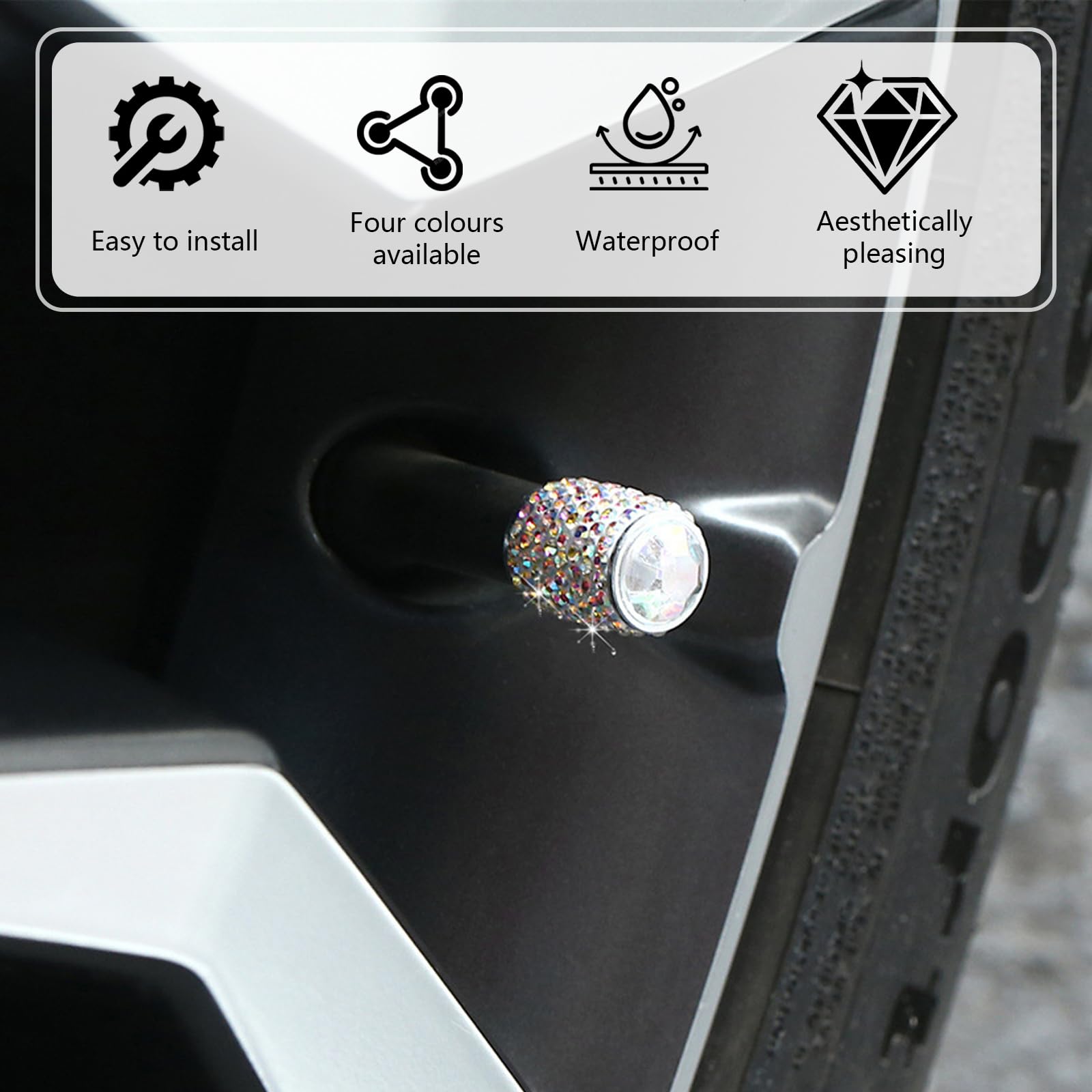 4PCS Bling Tire Valve Caps Crystal Rhinestone Car Wheel Tire Valve Covers Waterproof Dustproof Tire Air Valves Cap — view 3
