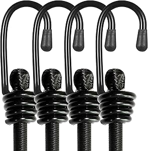 BEXSLE Bungee Cords with Hooks, Heavy Duty Outdoor Elastic Bungee Straps，No Odour Industrial Grade Bungee Rope for Securing Tarps, Luggage, Tents, Bikes or Garden Tidying 24inch 4Pcs (Black)
