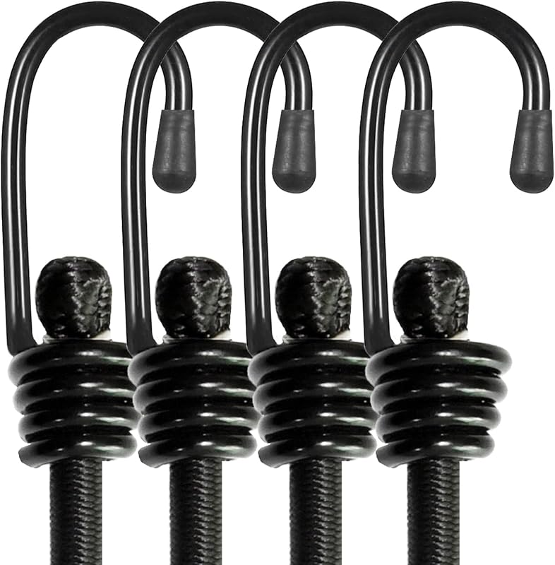 BEXSLE Bungee Cords with Hooks, Heavy Duty Outdoor Elastic Bungee Straps，No Odour Industrial Grade Bungee Rope for Securing Tarps, Luggage, Tents, Bikes or Garden Tidying 24inch 4Pcs (Black)
