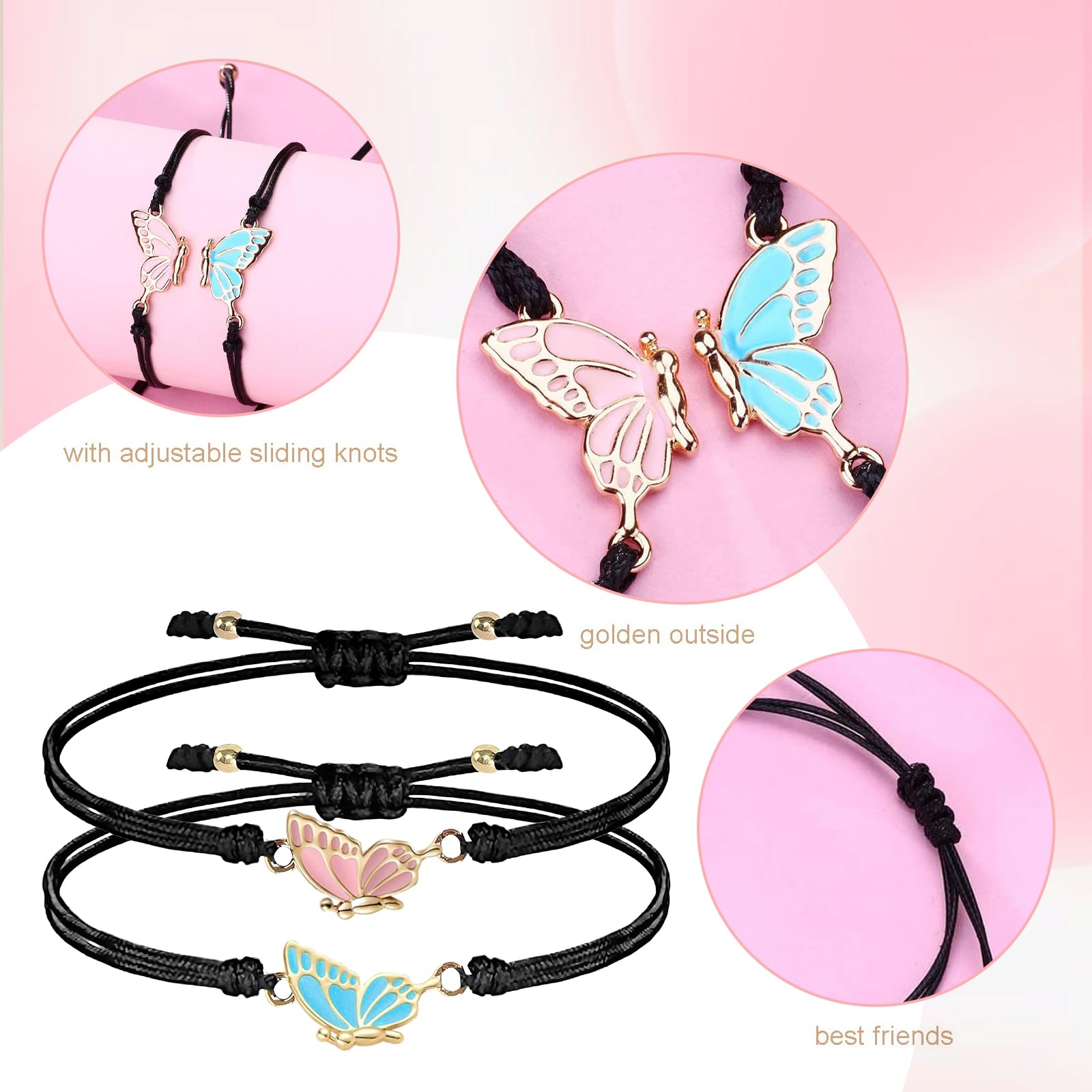 KGDUYC 2 Stück BFF Armbänder – Verstellbare Schmetterlings-Armbänder, Blau & Rosa, Für Beste Freundinnen