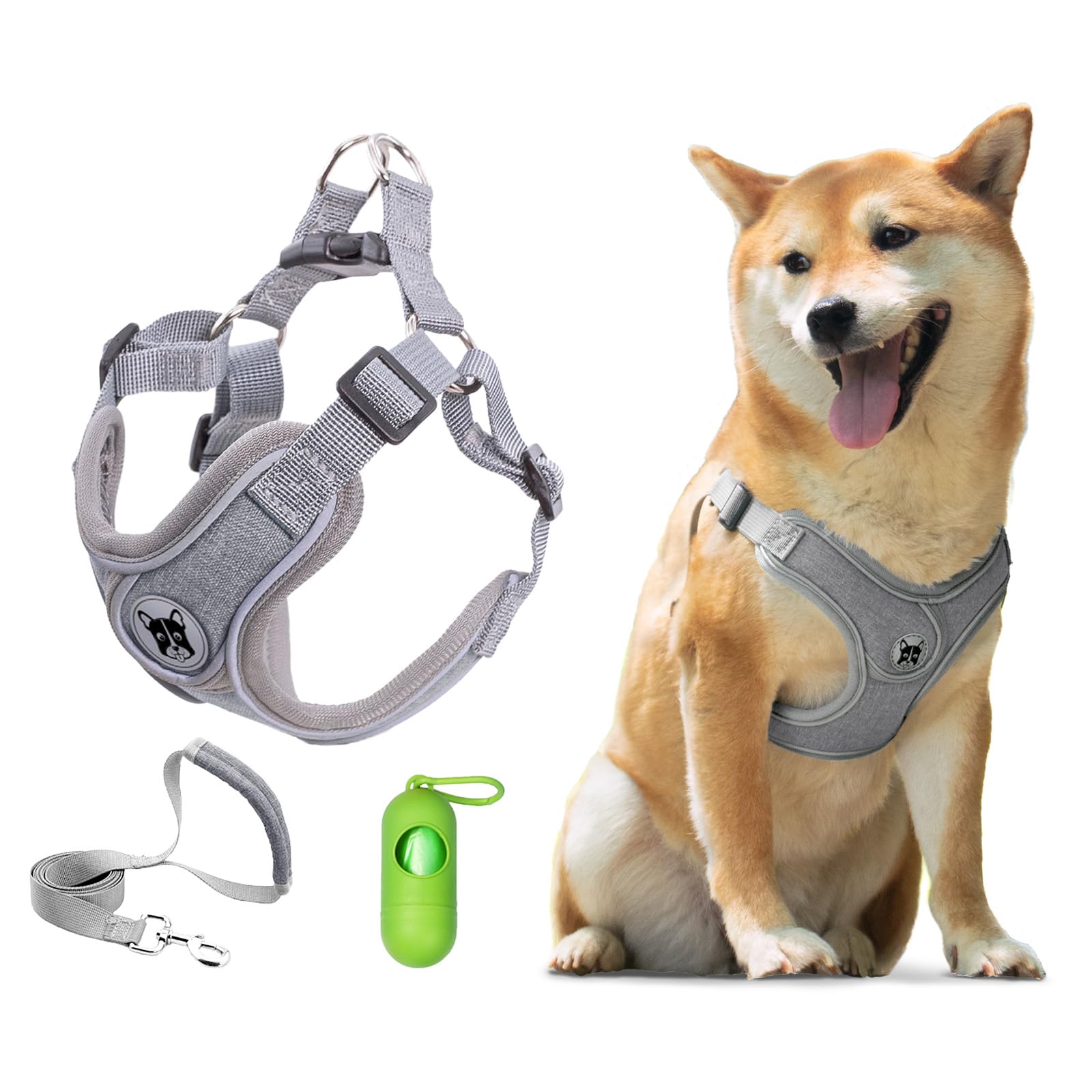 Patas Lague Dog Harness with Leash Set for Medium Dogs, No Pull No Choke Reflective Step in X Head Pet Harness Vest with Poop Bags and Dispenser, Adjustable and Padded, Grey Large