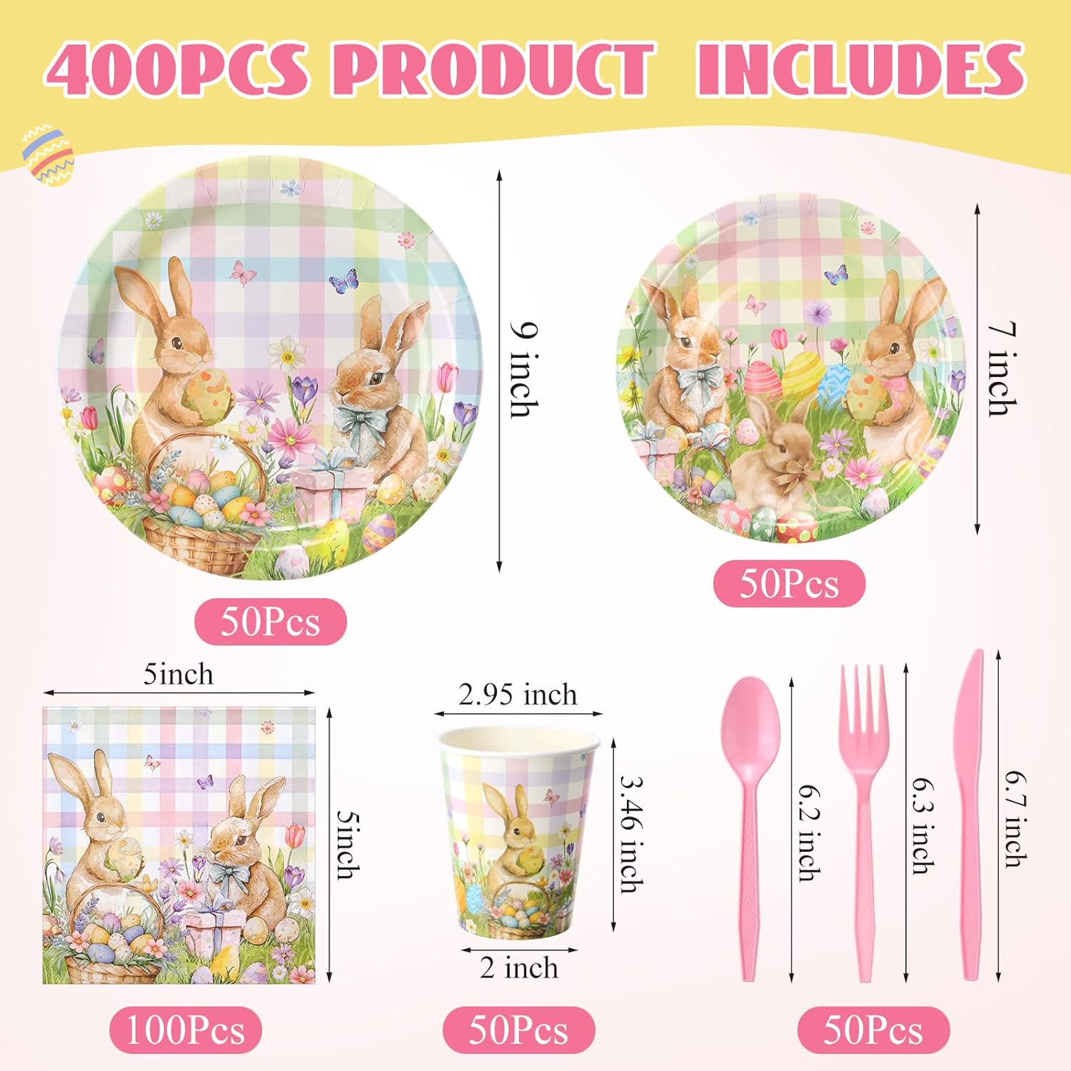 Pickmesh 400 Pcs Easter Bunny Plates and Napkins Set, Easter Bunny Party Decoration with Disposable Paper Plates, Napkins, Cups and Cutlery, Spring Rabbit Party Supplies, Serve 50 Guests