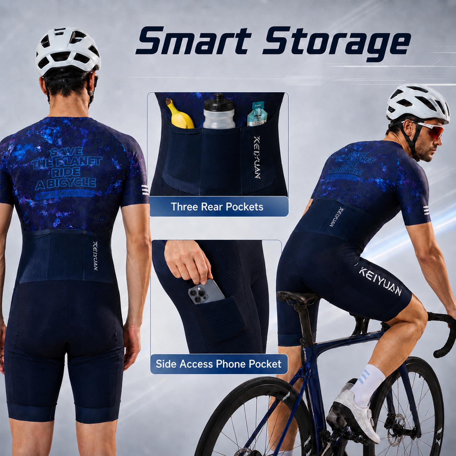 Tuta da Ciclismo Uomo Manica Corta – Fondello Alta Densità, UV | Skinsuit, traspirante, asciugatura , 3 tasche posteriori, per ciclismo su strada & triathlon, Set abbigliamento da ciclismo