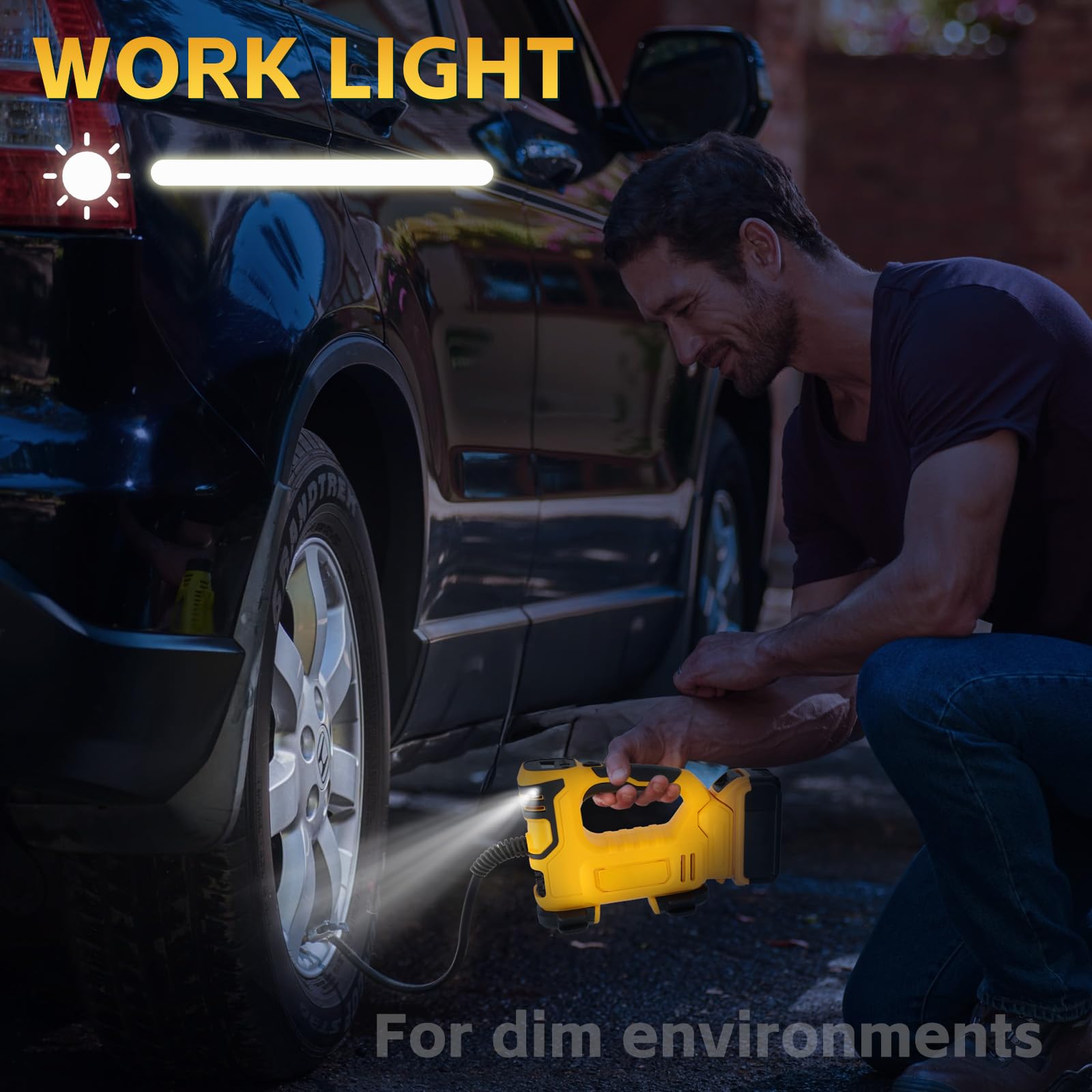 Compressore Aria 120 PSI compatibile con Dewalt 20V batteria, Pompa d’aria Portatile con Manometro LCD, con luce LED e arresto automatico, gonfiatore per auto, moto, biciclette, palle (senza batteria)