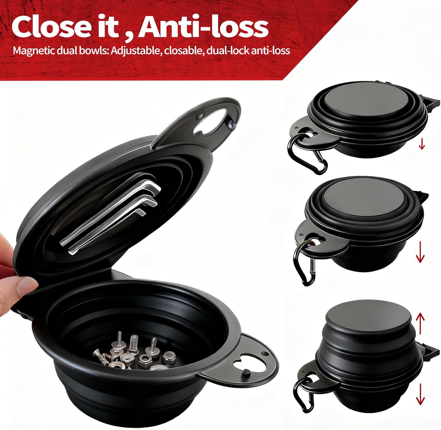 Collapsible Magnetic Parts Tray Set, New Upgraded Version Magnetic Trays, Integrated 5.1" Round Dual Silicone Bowls, Multi-Use Nuts And Bolts Organizer, Bonus Hook for On-the-Go Carry (black2.0)