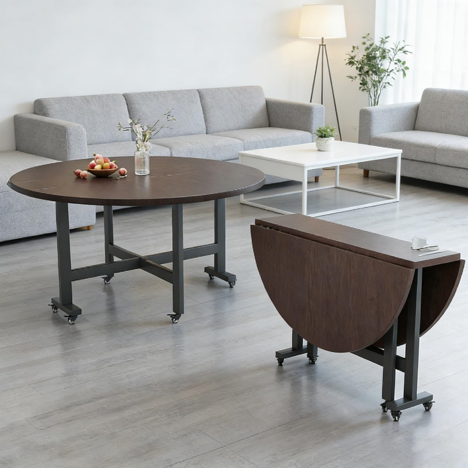 Home Use Folding Dining Table Versatile Movable Round Portability Fold Down Desk With 6 Wheels Collapsible Extendable Tables Simple Restaurant Drop-Leaf Kitchen Table 1Pc(Black Walnut,55in)
