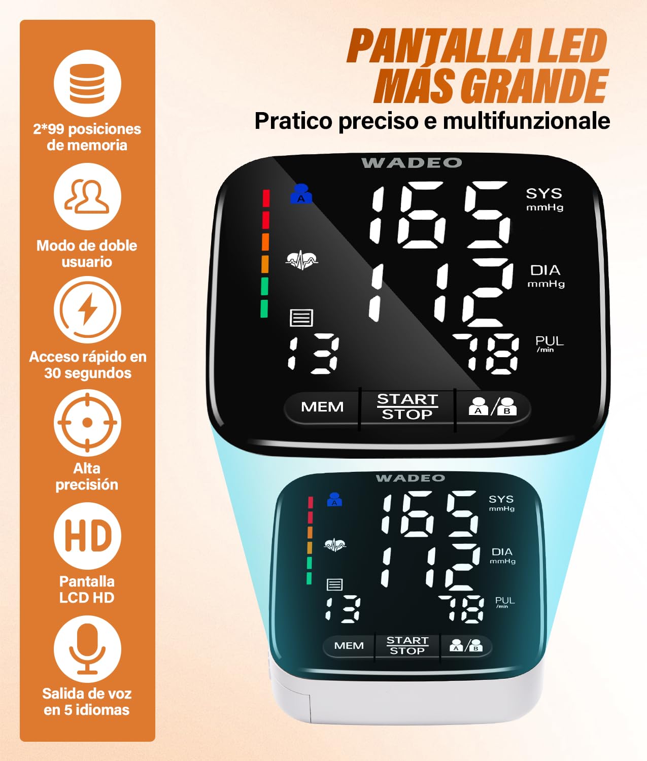 WADEO Tensiómetro digital de muñeca con pantalla LCD, tensiómetro portátil para el hogar o de viaje, medición precisa, 5 idiomas, memoria de 2 x 99, con batería