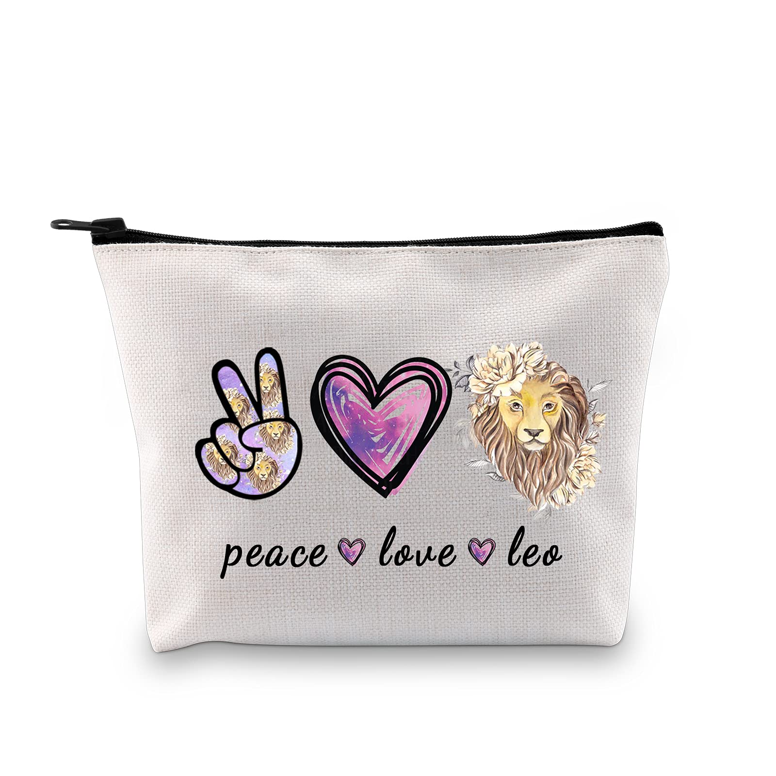 Zodiac Signs Pattern Cosmetic Bag Peace Love Zodiac Makeup Bag Horoscope Gift Birthday Gifts For Women Friends, Leo, Canvas