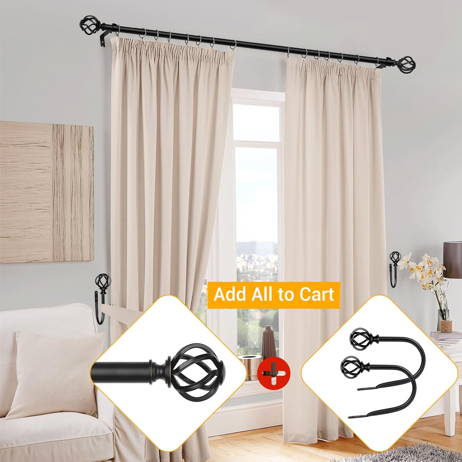 USFOOK Black Curtain Rods 32 to 86 and Curtain Holdbacks with Twisted Cage Finials(Bundles)