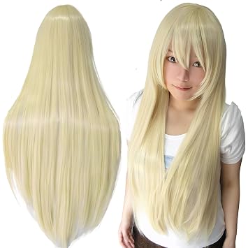 IMISSU 80cm Long Straight Natural Hair Cosplay Wigs with Bangs Colorful Halloween Costume Party Wig for Women Blonde