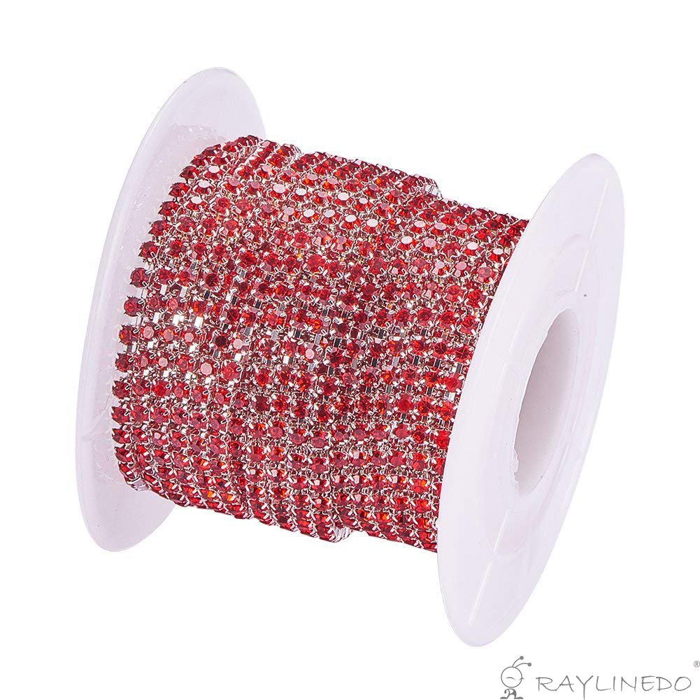 RayLineDo 3A Class 2mm Red Rhinestone Diamante Silver Plated Chain 10 Yard Lenght for Wedding Supplies DIY Sewing Craft Jewellery Making Party Decorations