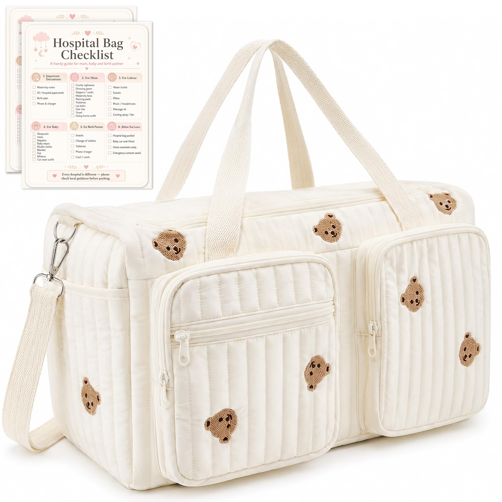 Large Baby Changing Bag, Hospital Bag with Checklist Card, Cream White