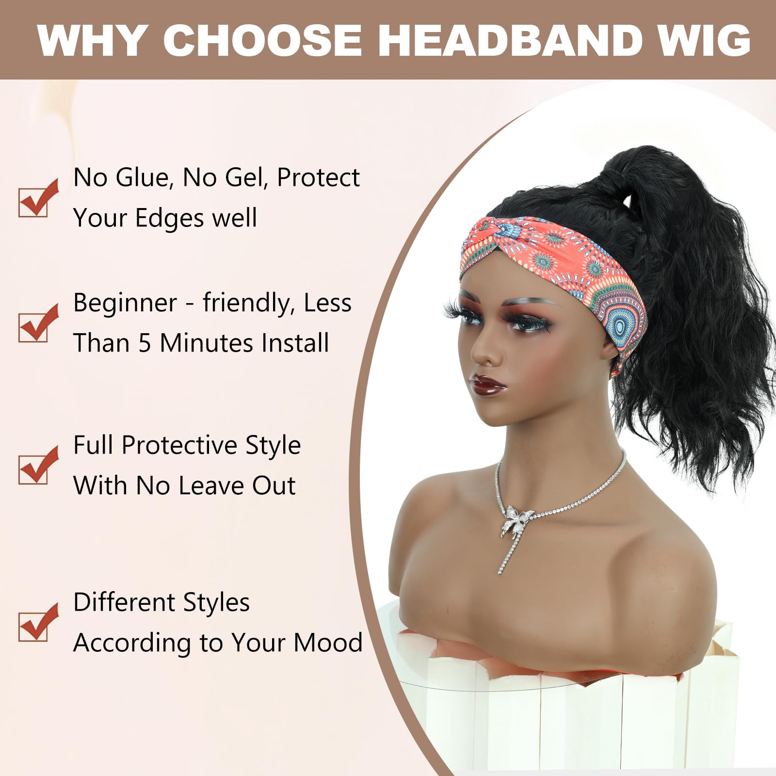 Creamily Long Black Curly Headband Wig for Women,Wavy Synthetic Hair Wig with Headband, Glueless None Lace Front Wigs,Hair Wigs for Woman Full Head(Black, 20 Inches) 2
