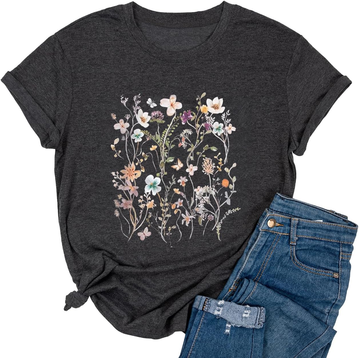 Yimoya Vintage Floral Shirts Womens Boho Wildflowers Graphic Tees Flowers Tops