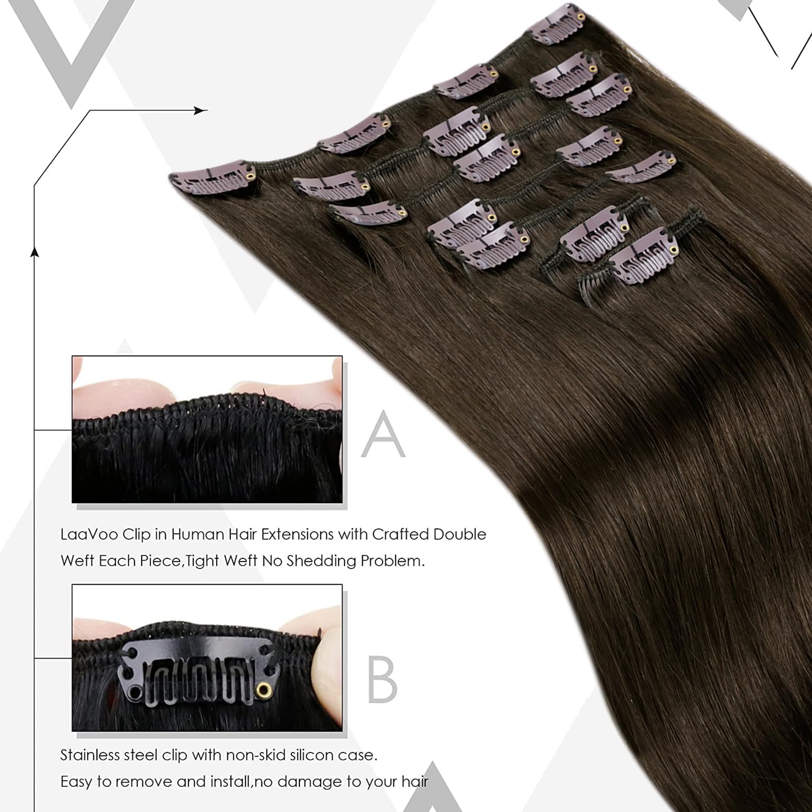 LaaVoo Clip in Hair Extensions Real Human Hair Dark Brown Hair Extensions Clip in 24 Inch 140g 7pcs Full Head Remy Straight Darkest Brown Hair Double Weft #2 - Image 4