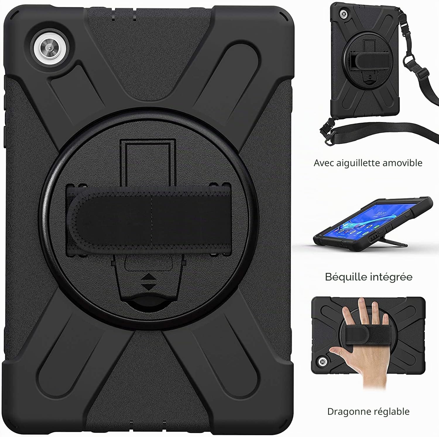 Gerutek Coque Antichoc Lenovo Tab M10 FHD Plus (2nd Gen)/Tab K10 2021, 10,3 Pouces, Étui de Robuste avec Support Pivotant, Bandoulière et Dragonne, Housse pour Lenovo M10 FHD Plus TB-X606F/X606X, Noir