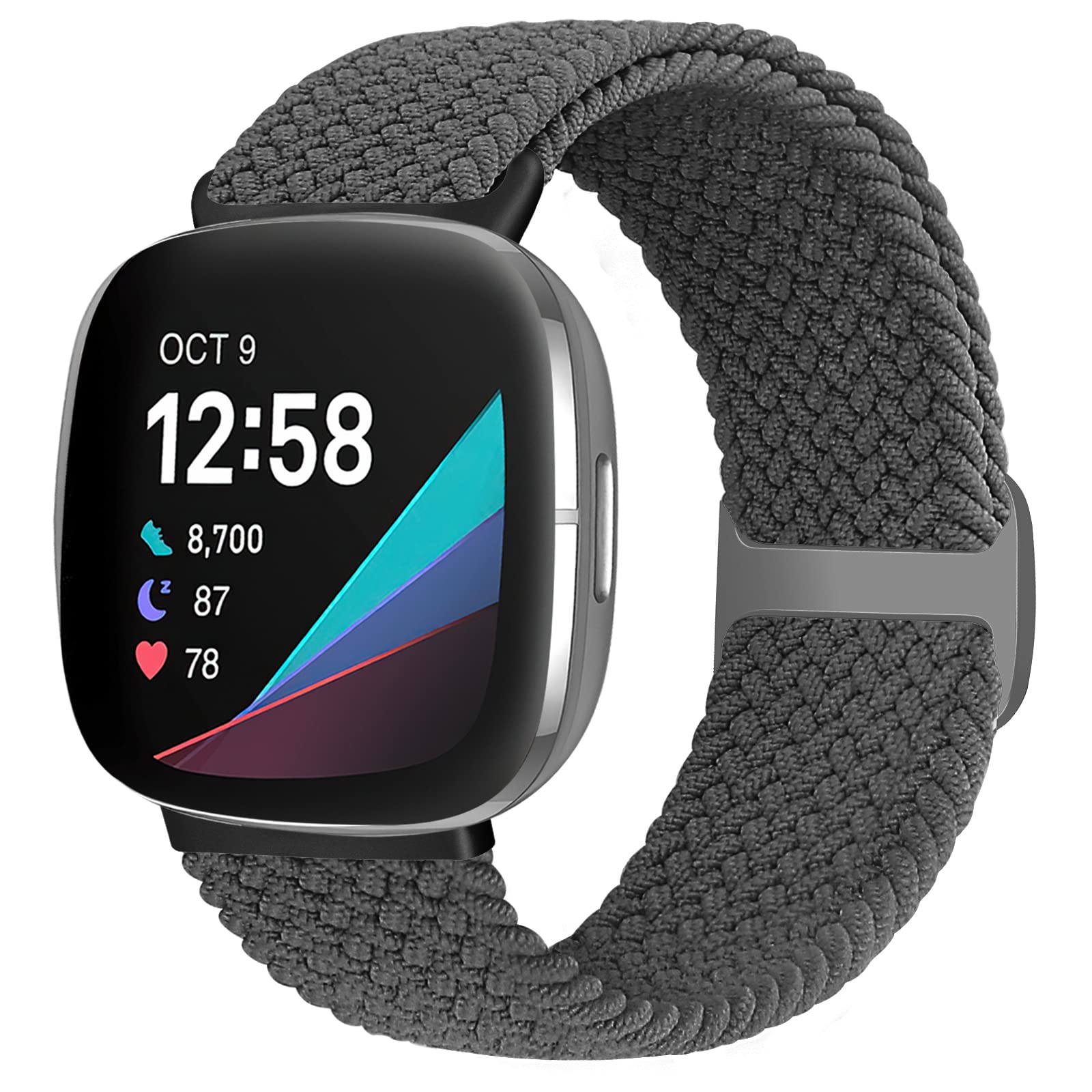 Enkic Braided Straps Compatible with Fitbit Versa 3 & Sense, Elastic Woven Adjustable Sport Solo Loop Watch Bands Replacement - Stretchy Nylon Wristband for Men & Women, Space Grey