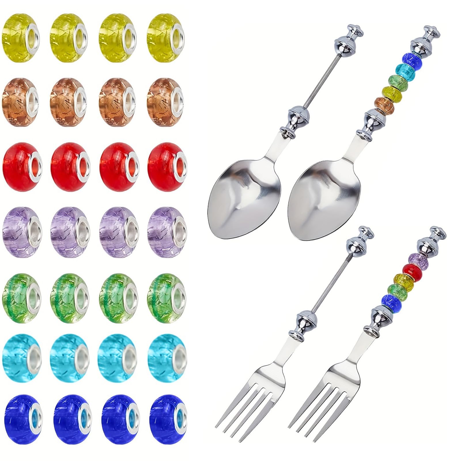 Lot de 4 cuillères et fourchettes personnalisables avec 28 perles en acier inoxydable