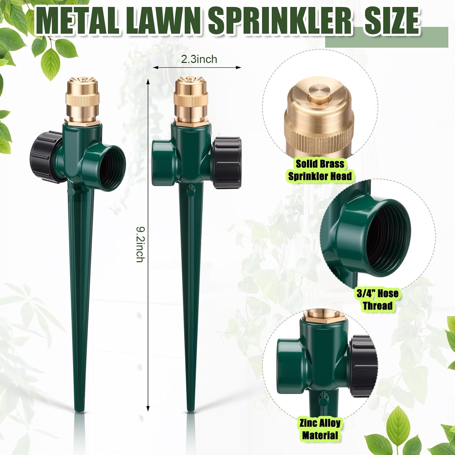 Tioncy 4 Pack Metal Lawn Sprinkler Automatic Garden Water Sprinkler on Spike Base 360 Degree Rotation with Adjustable Brass Nozzle for Lawn Garden Yard(Green)