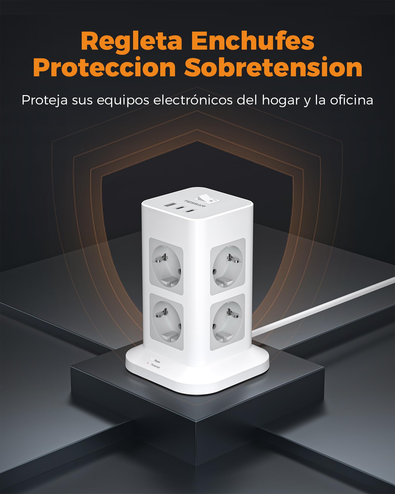 TESSAN Regletas Enchufes Proteccion Sobretension 8 Tomas con 1 USB A y 2 USB C, Torre Regleta Vertical con Interruptor, Alargador Enchufe 2 Metros, Torre Multiple 3600W para Mesa, Oficina, Casa — view 4