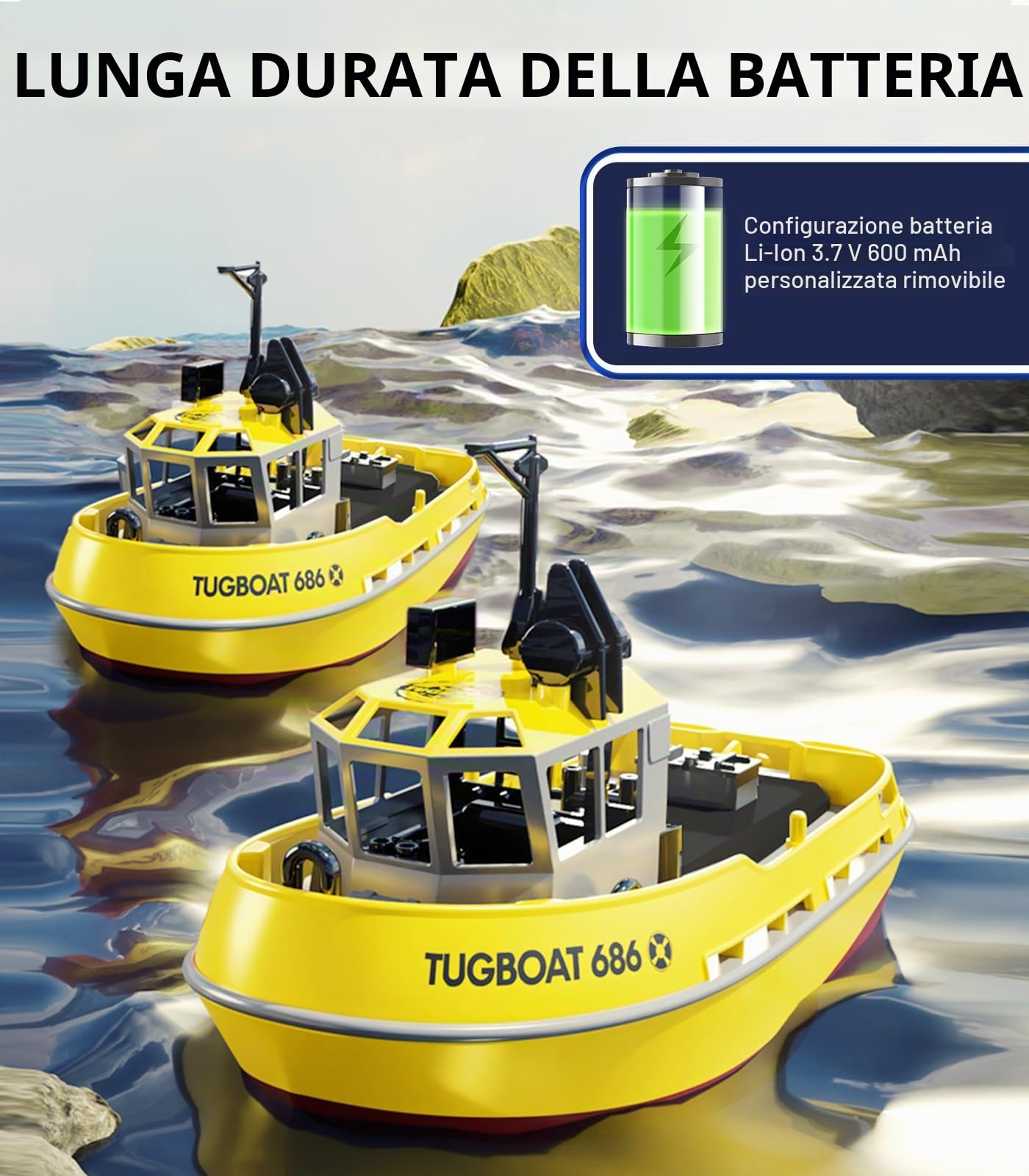 fisca Barca telecomandata – 1/72 barca RC ad alta velocità per piscine e laghi, rimorchiatori RC con 40 minuti di riproduzione e promemoria della batteria per bambini e adulti (giallo)