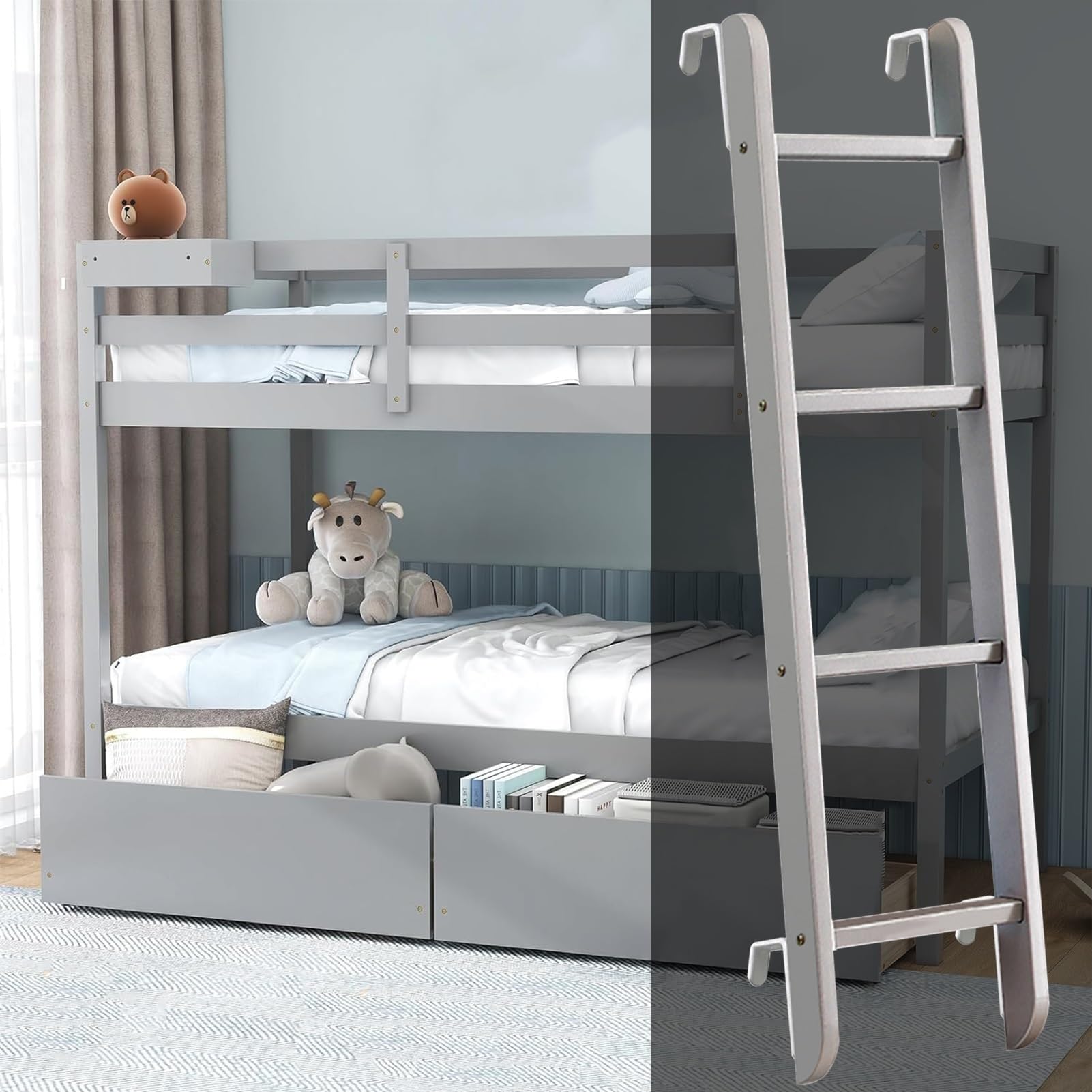 Échelle de lit superposé argentée 130 cm en bois réglable pour mezzanine