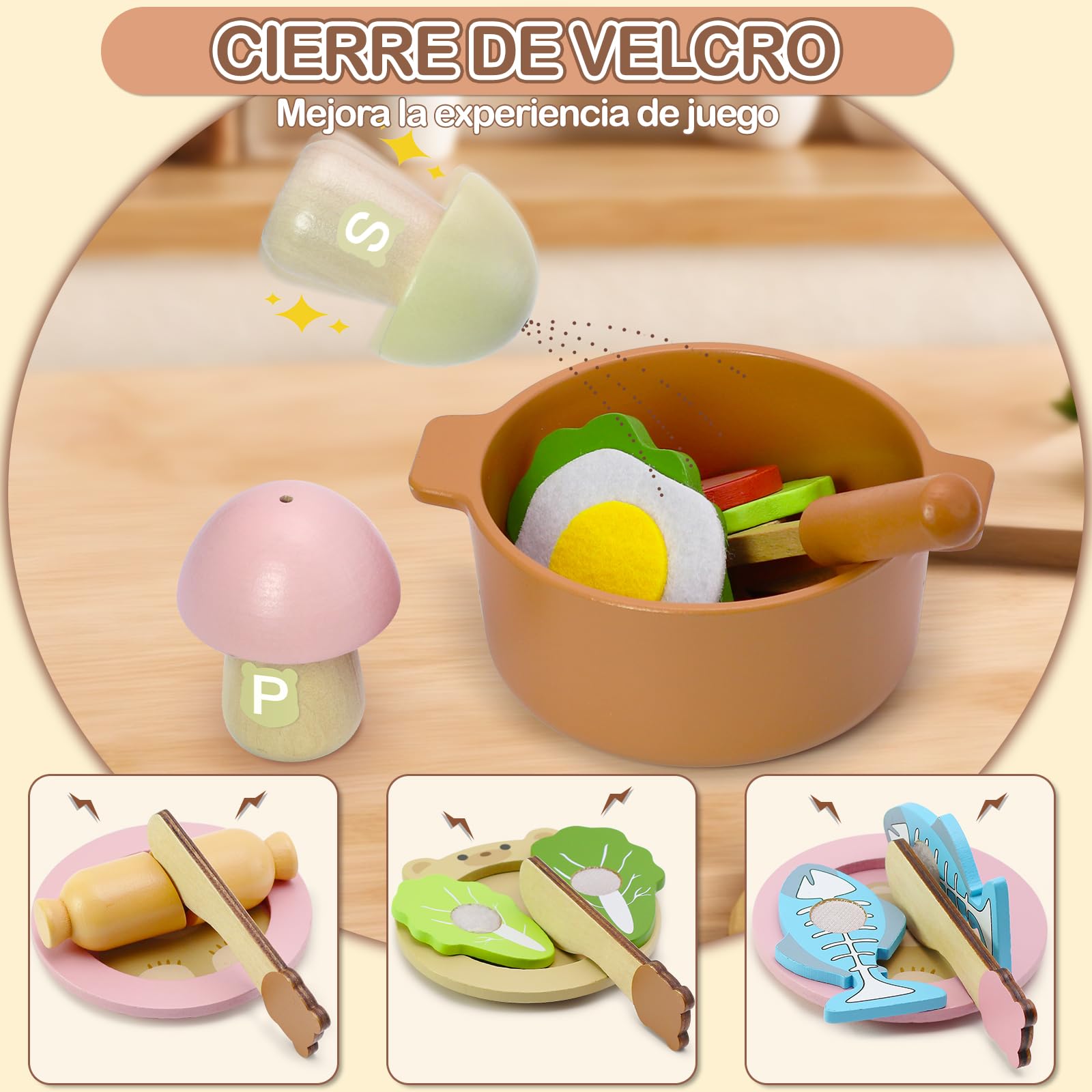 VBACALA Accesorios Cocina Juguetes para Niños,46 Piezas Cocina Juguete Madera con Ollas,Vajilla,Alimentos Cortables,Bolsa de Almacenamiento,Regalo Juego de rol de Cocina para 3+ Años Niños y Niñas