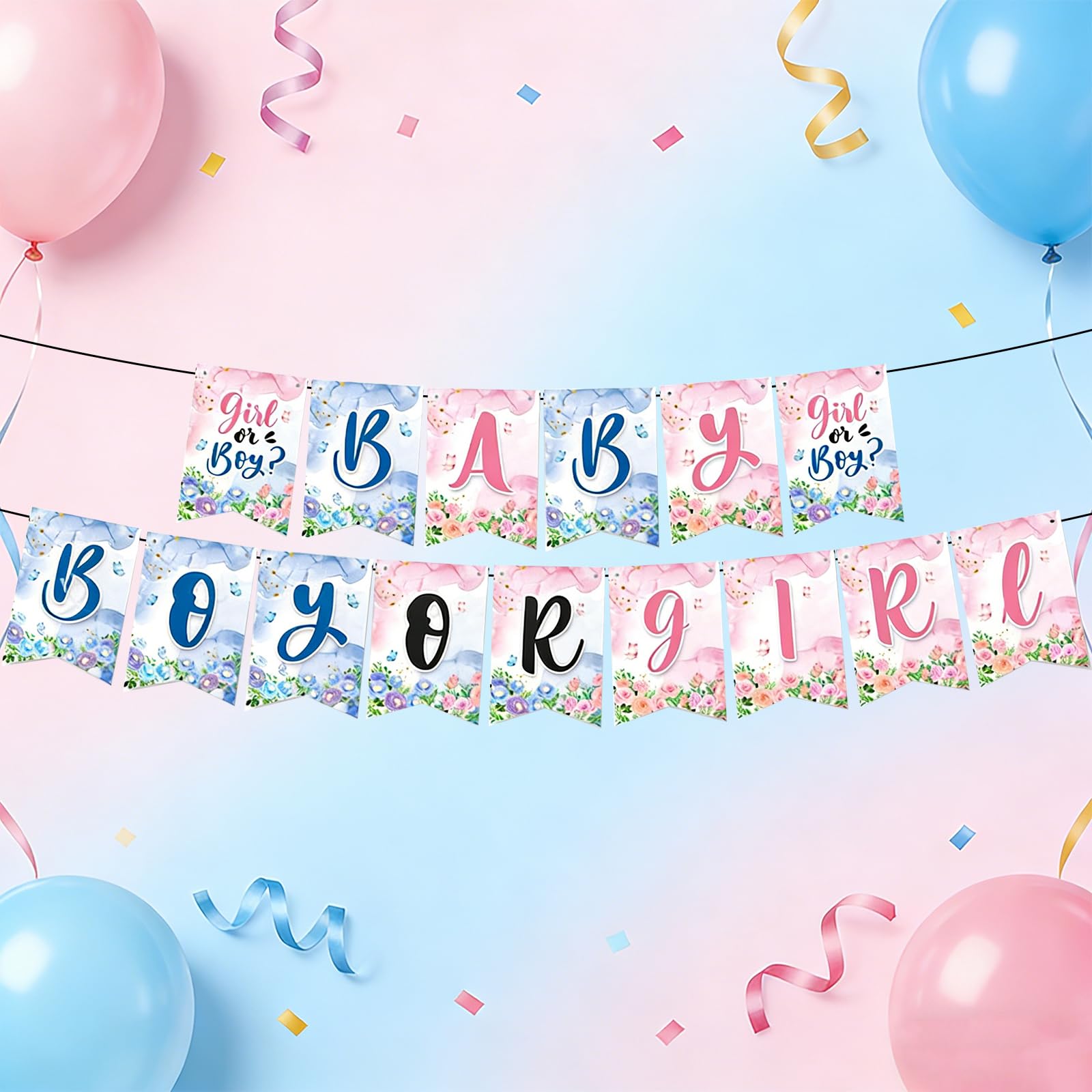 Gender Reveal Banner - Baby Shower Decoration with Pre-Cut Holes & Easy Assembly Kit, Pink Blue Gender Reveal Party Supplies with Floral Edge Design for Boy or Girl Announcement