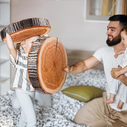 Miniatura 7 de Queekay 2 cojines redondos decorativos de madera para suelo, impresión digital 3D, decoración de bosque, almohada circular suave, lindo muñón de