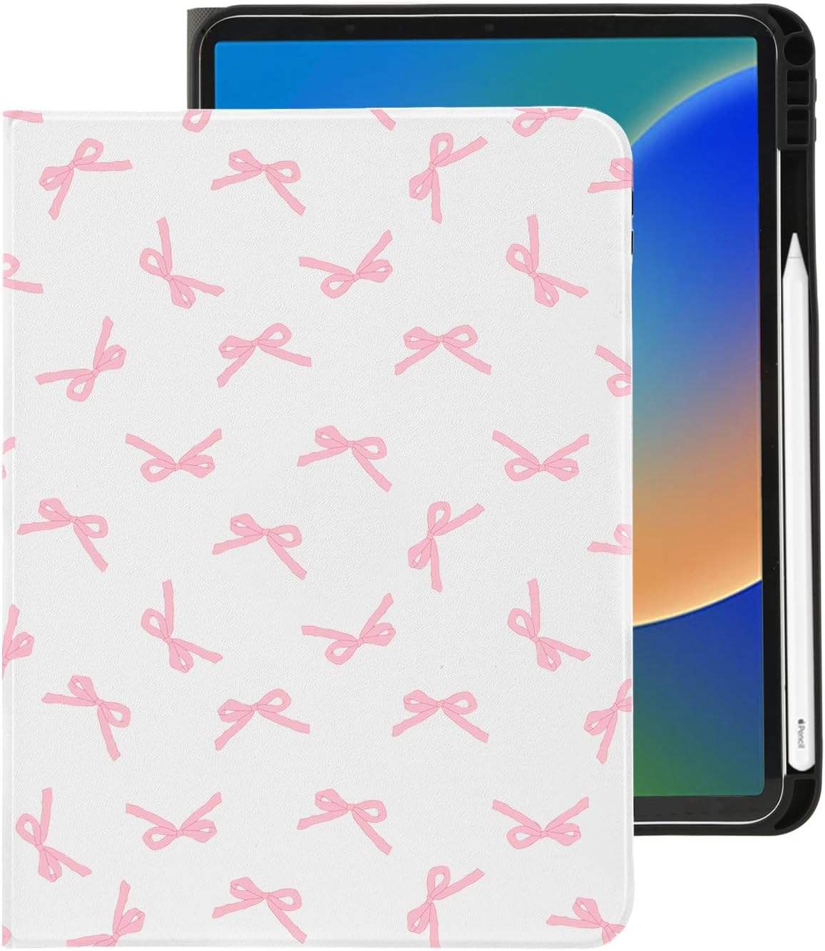 Cute Kawaii Pink Bow for iPad Air 13 Inch Case M3 2025/M2 2024/iPad Pro 12.9 Inch Case with Pencil Holder, Auto Sleep/Wake and Multiple Viewing Angles, White Leather Soft TPU Back Cover